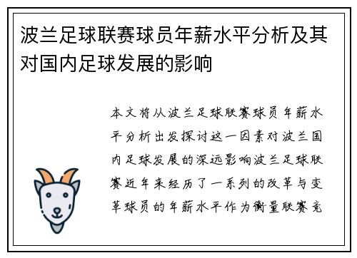 波兰足球联赛球员年薪水平分析及其对国内足球发展的影响